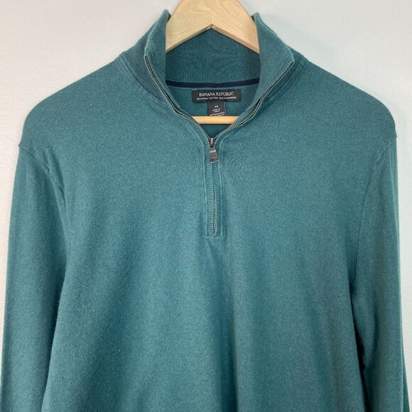 Banana Republic Sweater Medium Green Cotton Cashmere Blend 1/4-Zip Pullover Mens - Picture 2 of 11